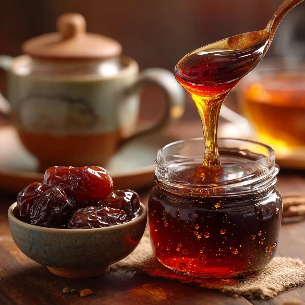 بطریهای شیره خرما روی میز چوبی با نور طبیعی