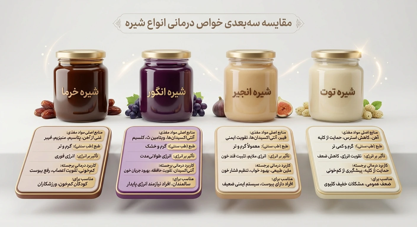 مقایسه شیره‌ها: توت،انگور،خرما،انجیر