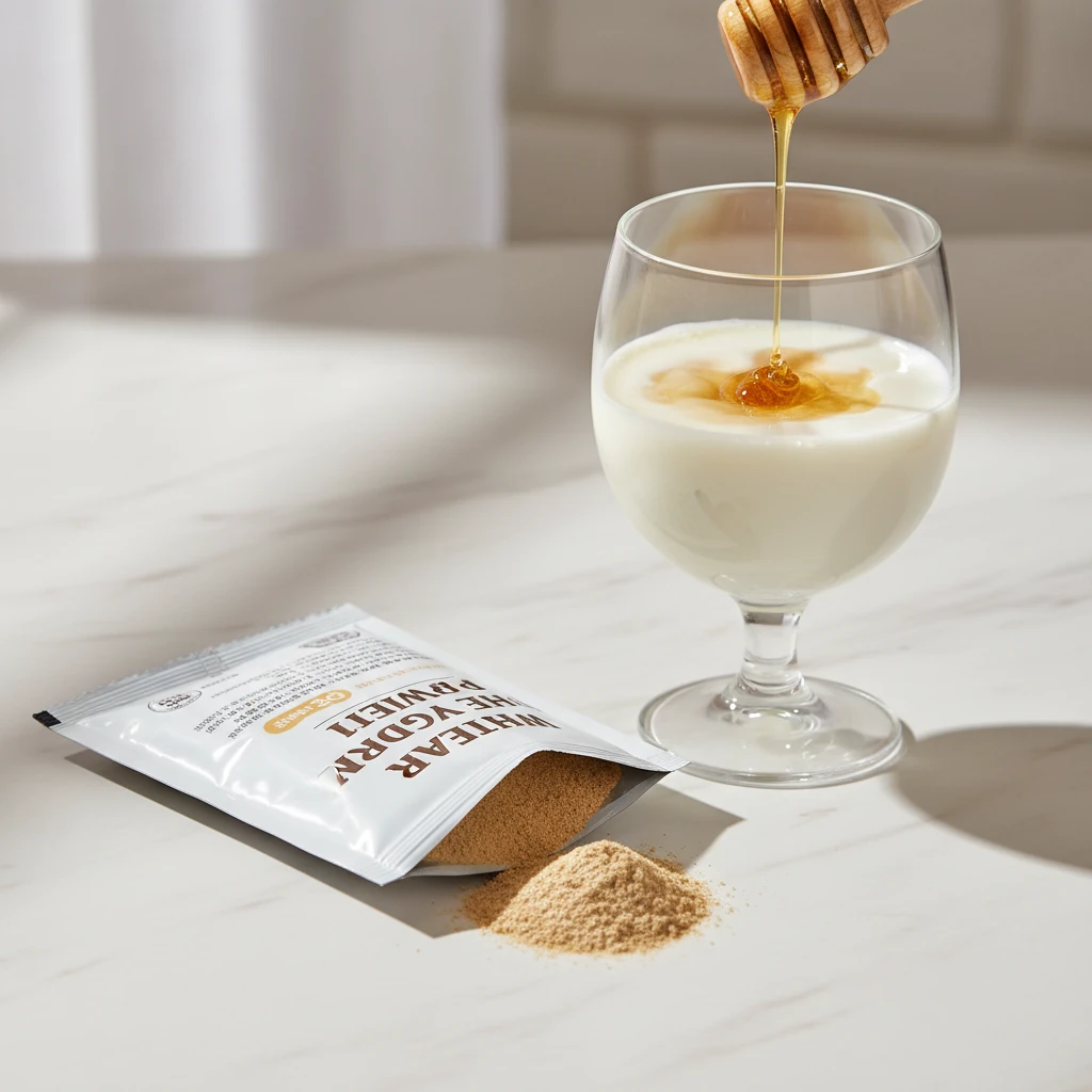 بسته پودر جوانه گندم ساشه‌ای ۱۱۱ باز شده در کنار لیوان شیر و عسل برای افزایش وزن