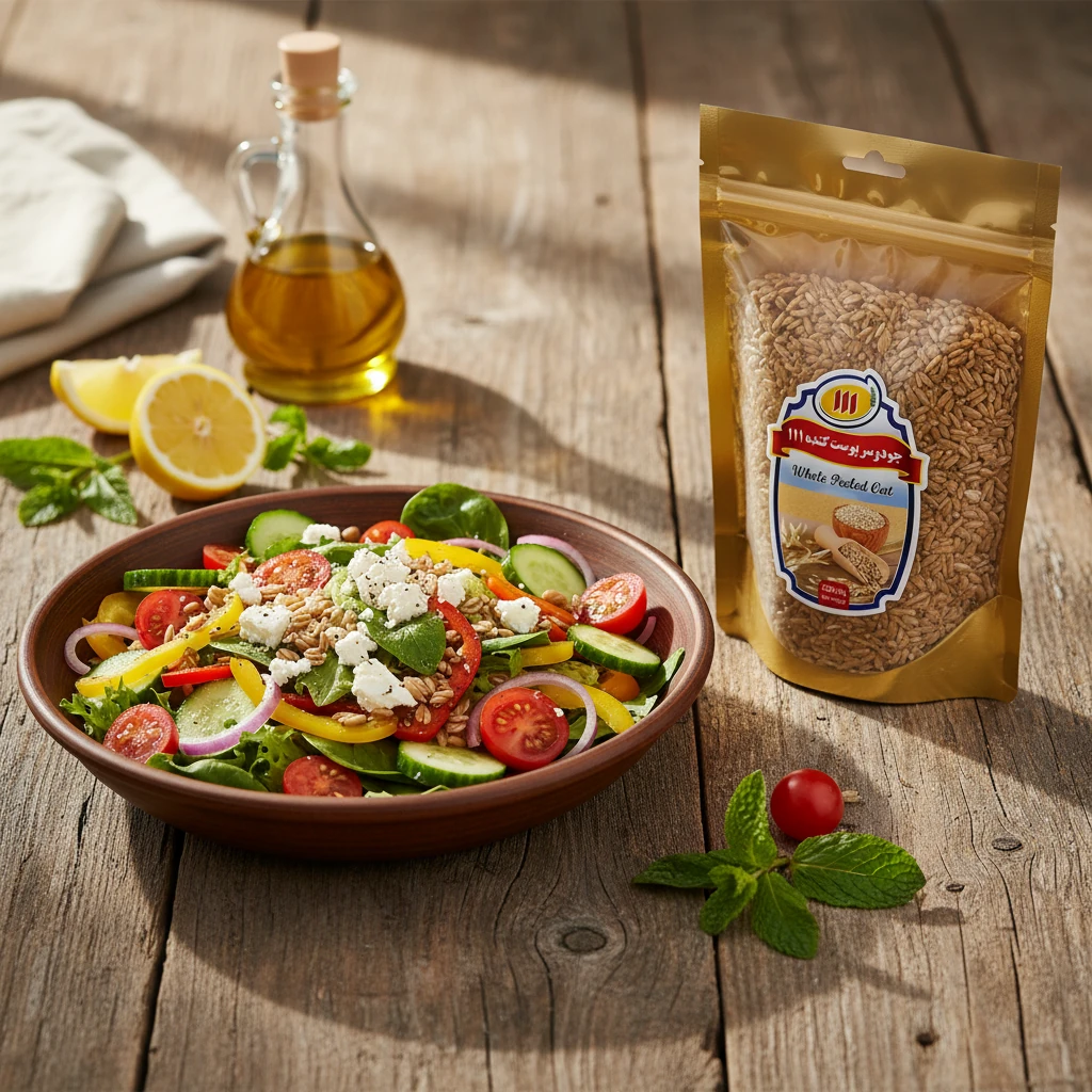 سالاد مدیترانه‌ای رنگارنگ تهیه شده با جو دوسر پوست کنده، سبزیجات و پنیر