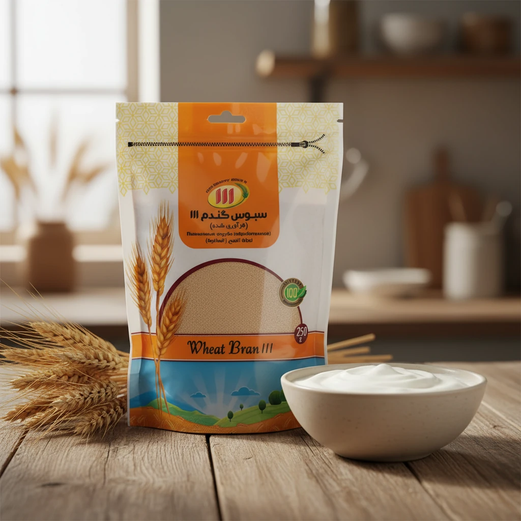  بسته سلفونی سبوس گندم ۱۱۱ در کنار خوشه‌های گندم و کاسه ماست