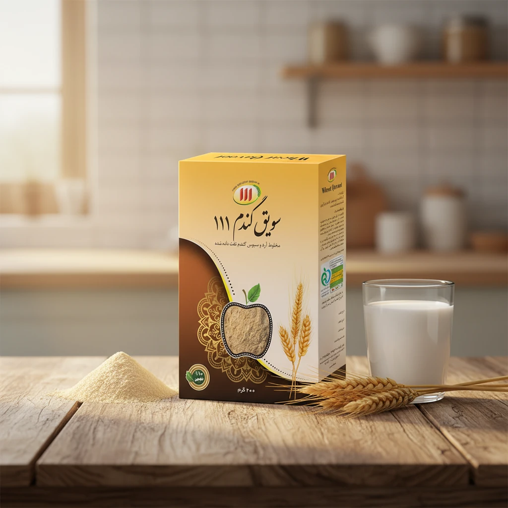 پودر سویق گندم کامل در کنار خوشه گندم و لیوان شیر